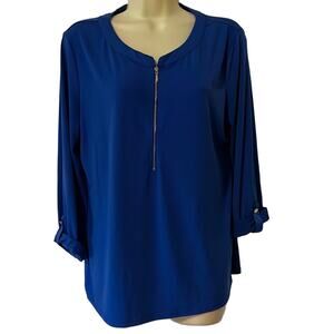 Ava James Blue Slinky Knit Top Blouse Woman Size Large Front Zipper